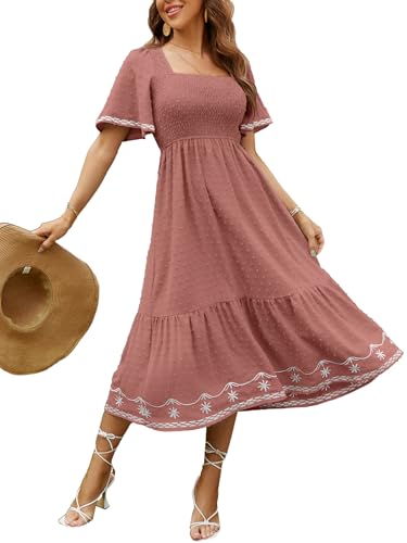 Glamaker Women's Short Sleeve Smocked Square Neck A Line Summer