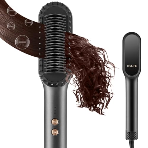 Itslife Hair Straightener Brush, Ring Hair Straightener Comb Straightening Brush for Women, 20s Fast Heating & Temp Settings & Anti-Scald, Gray -  001