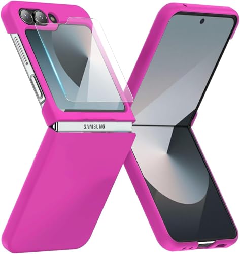 KEKBOXQ for Samsung Galaxy Z Flip 6 Case with Screen Protector, Slim-Thin Hard PC ZFlip6 Phone Cover,Anti-Scratches Shockproof Protective Cases for Samsung Galaxy Z Flip 6 5G, Hot Pink