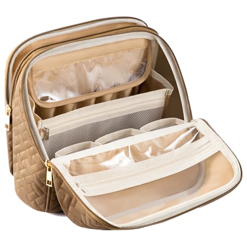 JOYYTUU Makeup Bag, Large Capacity with Room for Brushes and Mirror, Travel Makeup Organizer, Portable Standing Make Up Case, Waterproof Cosmetic Toiletry Bags with Handle, Color Brown