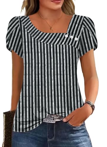 Womens Petal Sleeve Tops Summer Trendy T Shirt Casual Loose Square Neck Button Blouse Tees