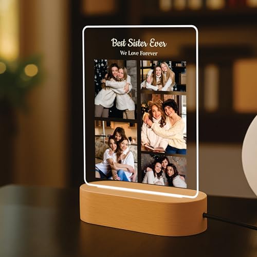 Image of Giftplease Customized LED Photo Frame for Sister | Personalised Photo Frame with Wooden Stand & Light | Special Birthday Gift for Sister | Transparent Tabletop Frame (6x7.25 Inch) SIS 07