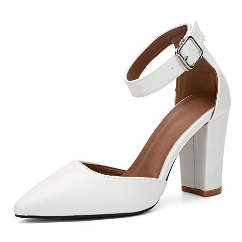 fereshte Women's Chunky Block Heels Closed Toe Ankle Strap Pumps Pointed Toe High Heel Dress Shoes