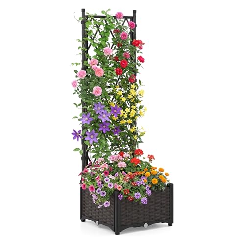COSTWAY Garden Planter with Trellis Weather-Resistant Trough Grow Box with Self-Watering Device and Drainage Holes Indoor Outdoor Raised Garden Bed for Climbing Vine Plant (40 x 40 x 126 cm)