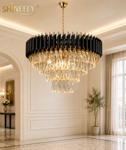 Image of Modern Crystal Chandelier Ceiling Light for Living Room, Dining Hall & Hotel | Luxury Pendant Jhoomar with K9 Crystals | 500MM Black Gold