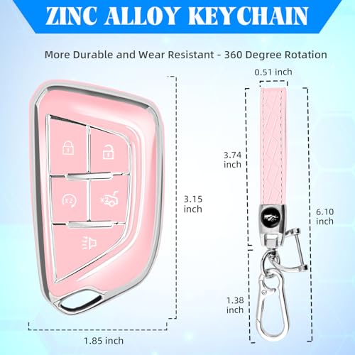Image of QBUC for Cadillac Key Fob Cover with Leather Keychain (Chrome Trim Pink) | Soft TPU Protection Case Compatible with 2020-2026 Cadillac Escalade Lyriq Optiq 5-Buttons