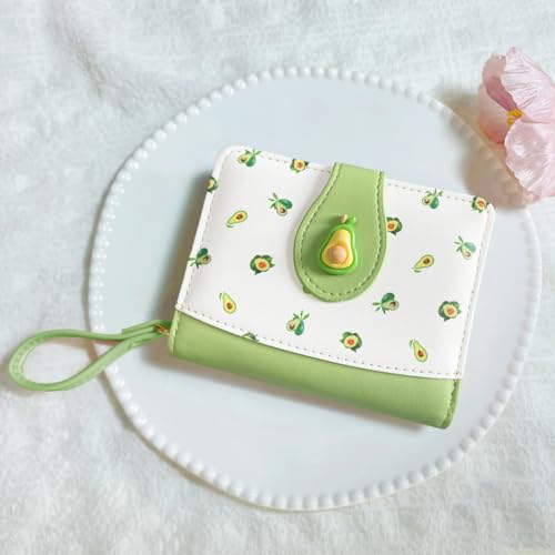Image of Cute Print Wallet Blueberry Strawberry Cherry Wallet with Credit Card Slot Zipper Coin Pocket for Women Girls (AVOCADO)
