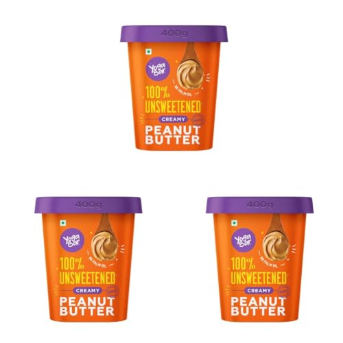 Image of Yogabar 100% Pure Peanut Butter | Creamy & Yummy Unsweetened | Slow Roasted | Non-GMO Premium Peanuts | No Added Sugar - 400gm (Pack of 3)