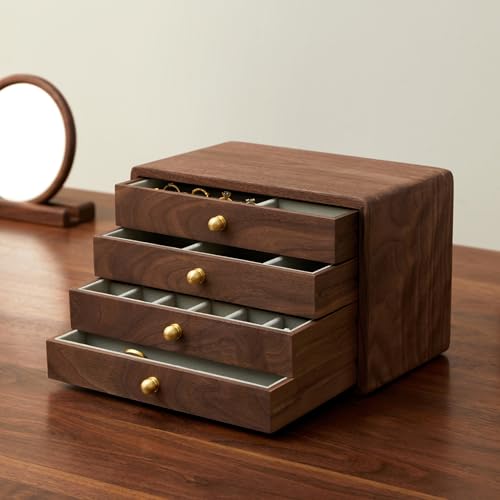 THFLSTR Wooden Jewelry Box for Women Men Large Velvet Lined Organizer with 4 Drawers Solid Black Walnut Brass Handles Jewelry Storage Box for Rings Necklaces Earrings