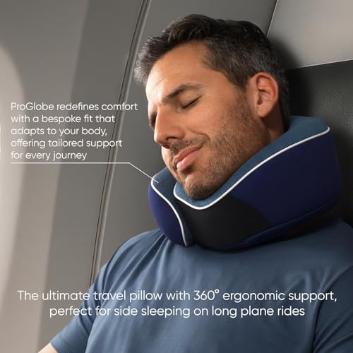 Image of Proglobe Orthopedic Neck Pillow Travel Neck Pillows for Airplanes, Memory Foam Kit, Updated Resting Material, Airplane Travel Set with 3D Contoured Eye Masks, Earplugs, and Luxury Mesh Bag (Blue)