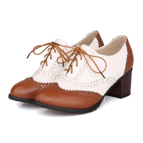 BEAUPAS Women's Chunky High Heel Lace Up Oxford Wingtip Pumps Block Heels Vintage Shoes2