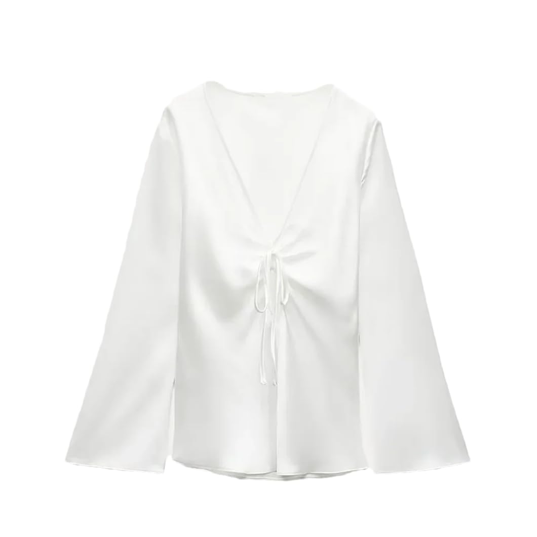 Blusa de manga larga con lazo elegante para mujer, con textura satinada de seda