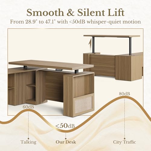 Image of 63 Inches L Shaped Standing Desk, Executive Standing Desk with Drawers and File Cabinet, AC /USB, 1.18 inch Desktop, Multi-Sized Storage Cubby, Privacy Panel, Rattan Computer Desk, Natural Oak
