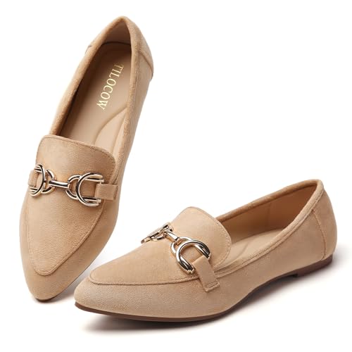 Image of Tilocow Metal Chain Loafers Flats for Women Pointed Toe Slip on Flats Dressy Casual Comfortable Work Business Shoes