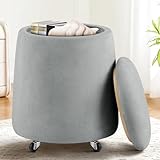 Hellove Hocker mit Stauraum rund, Teddy Stoff Sitzhocker mit Rollen, Couchtisch Deckel abnehmbar, Polsterhocker für Schminktisch, Wohnzimmer & Flur Möbel, Stauhocker Wohnen, Ø37 x 45cm, Grau