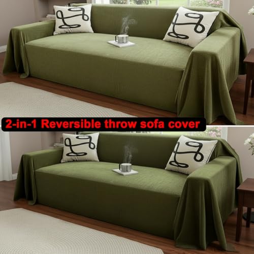 Image of The Furnishing Tree Reversible Double Sided Chenille Throw Sofa Cover, Anti-Slip Couch Cover, Comfy Sofa Towel for All Seasons, 3 Seater, Soft textured woven finish Olive Green