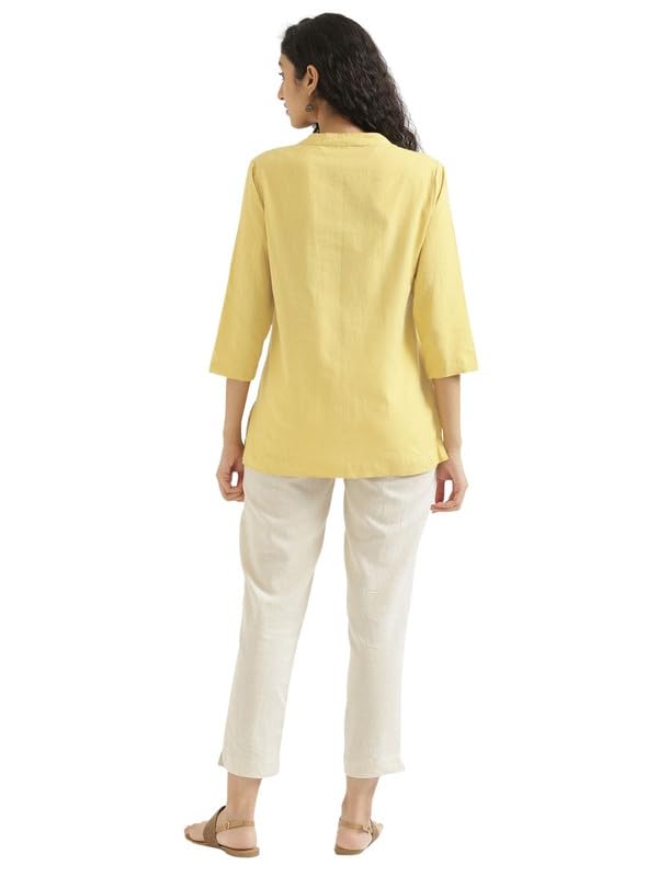 Image of SAADAA Women Short Kurti Airy Linen Regular Fit Kurta with 3 /4th Sleeves, Mandarin Collar, Side Slit Perfect for Casual, Formal, and Ethnic Wear