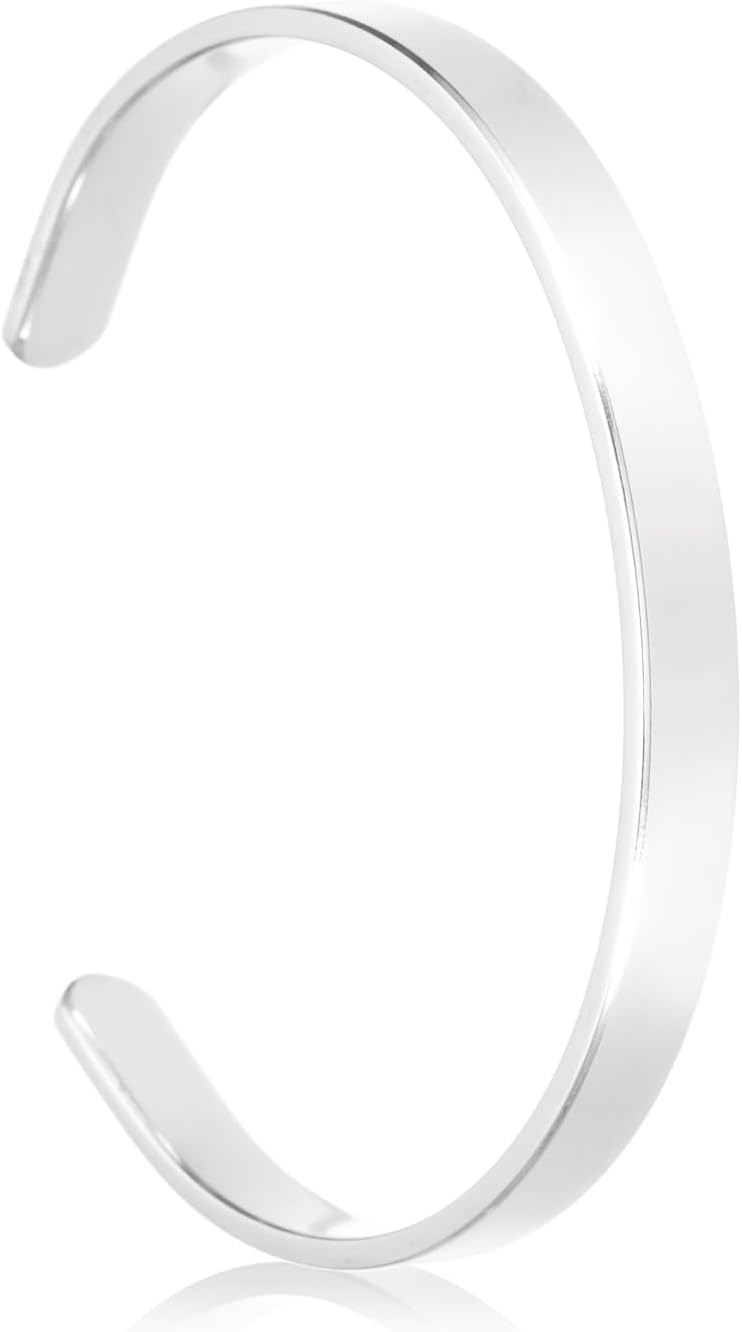 MECCANIXITY Stainless Steel Cuff Bracelet, Flat Thin Adjustable Open Cuff Bangle Engravable Bracelet Chain with Bag for Mens Womens Christmas Anniversary Jewelry Gift