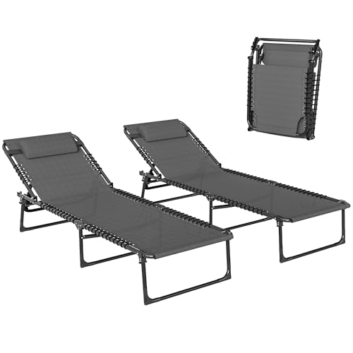 Outsunny Lot de 2 Bain de Soleil transat Pliable Dossier inclinable Multi-Positions Acier thermoplastique Lacets élastiques Noir textilène Gris