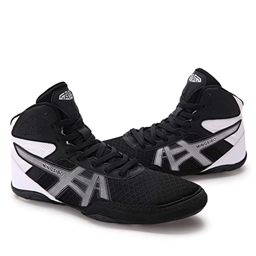 Preisvergleich Produktbild TECDOTO Herren Boxschuhe Sparring Boxer Trainer Schuhe, Kniebeugenschuhe mit Knöchelschutz Ringerschuhe Squat Buffer Schuhe für Das Fitnessstudio,Black-44EU