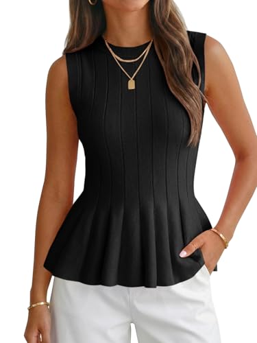 Cicy Bell Womens Pleated Peplum Tank Tops Fitted Ribbed Knit Crew Neck Blouses Summer Sweater Vest Black
