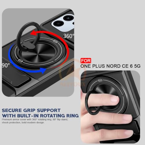 Image of OnePlus Nord CE 6 5G Back Cover | Armor Camera Slider 360 Degree Rotating Finger Ring Holder Case with Bracket Stand Back Case Cover (Compatible with MagSafe Accessories) (Black)
