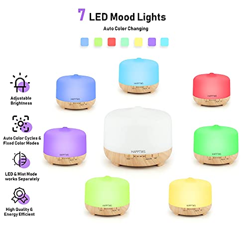 Happtws 500Ml Essential Oil Diffuser Set - Cold Mist Humidifier And Diffuser 2-In-1, 4 Timers And 7 Color Settings, No Water Auto Shut Off, Suitable For Room, Yoga Room, Office #TOP3