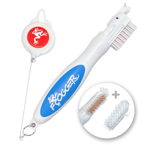 Frogger BrushPro Golf Club Cleaner with Ergonomic Grip and 2.5 ft. Retractable Cord Patriot - Sturdy Golf Club Brush and Groove Cleaner for Golfers Golf Dad