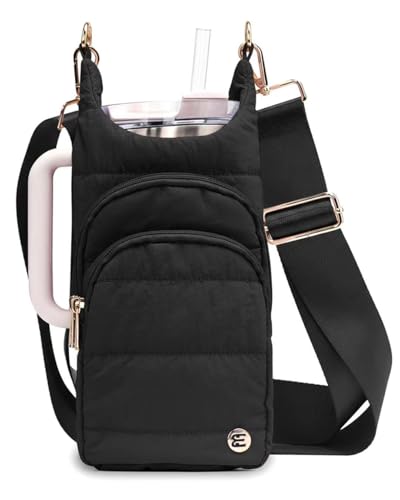 Elmklare Water Bottle Holder with Strap for 30/32 oz Crossbody Water Bottle Carrier Bag with RFID Blocking Phone Pocket for Gym Hiking Walking Camping Travel Black