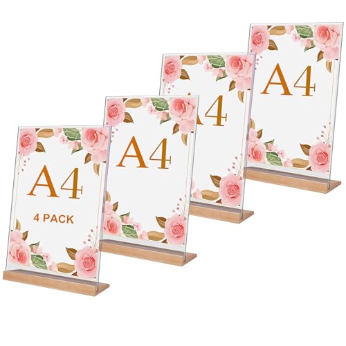 ZYNERY 4 Stück Acryl Aufsteller A4, Tischaufsteller A4 mit Holz Sockelboden, Preisschilder Aufsteller, L- Ständer für Werbeaufsteller, Restaurant, Hochzeit, Büro, Cafe