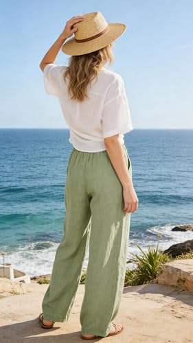 Image of CHARTOU Women's Summer Drawstring Waist Wide Leg Loose Cotton Linen Palazzo Pants
