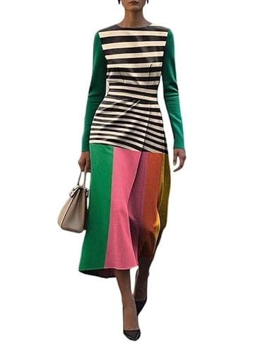 UOOZEE Women's Color Block Striped Midi Dress Long Sleeve Crew