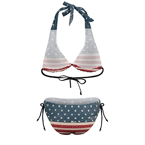 Image of Womens American Flag Bikini Swimsuit Sexy String Halter 2 Piece Triangle Bathing Suits