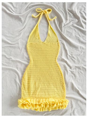 Image of GORGLITTER Women's Vacation Outfit Crochet Halter Knit Bubble Mini Dress Sexy Beach Cruise Summer Miami Resort Outfits