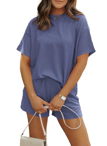 Image of MARZXIN Women 2 Piece Shorts Set 2026 Casual Summer Cruise Outfits Ribbed Loose Short Sleeve Pocket Matching Lounge Sets