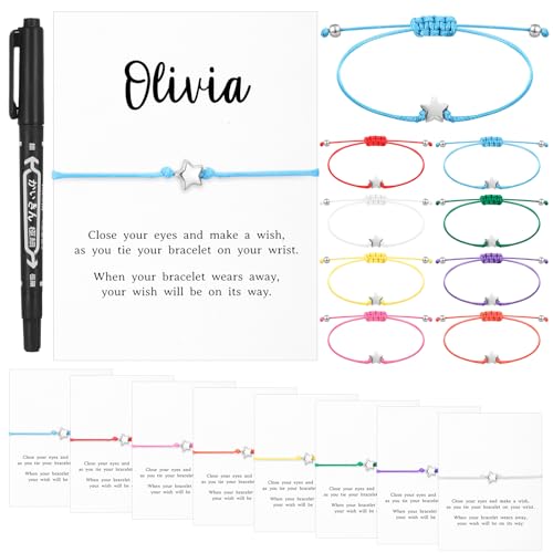 Misdary 16 Set Birthday Bracelets Gifts Personalized Wish Bracelet Adjustable Star Friendship Bracelet DIY Name Make a Wish Cards with Pen Jewelry Birthday Gift for Friends