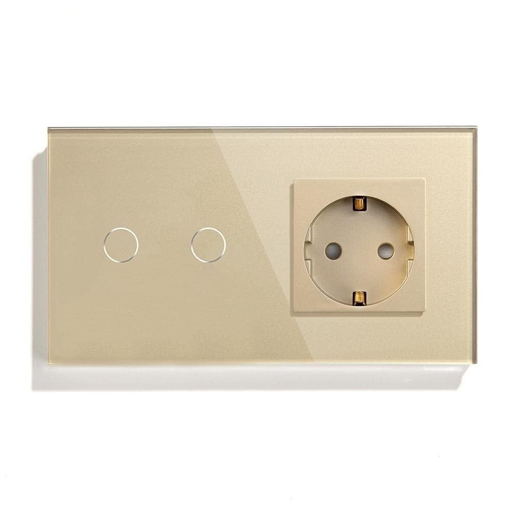 Glas Touch Screen Lichtschalter Touch Schalter 2 Gang Dimmer mit Steckdose Wandsteckdose Multicolor Glaspanel 157mm