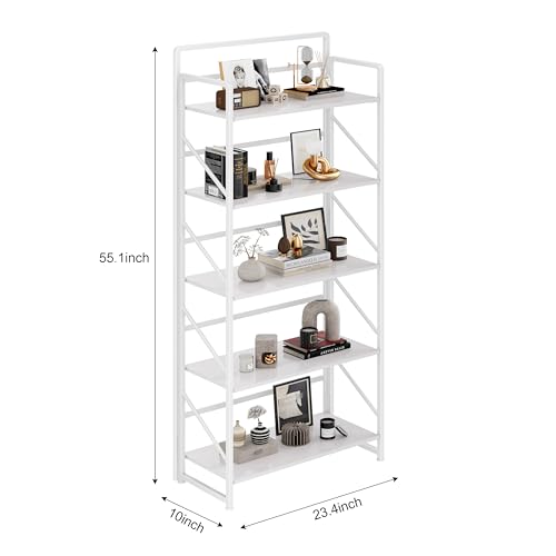 Image of JSB No Assembly Folding Bookshelf, 5 Tier Industrial Metal Book Shelf for Storage, Vintage Wood Foldable Bookcase for Living Room, Bedroom, Office Organization Shelves