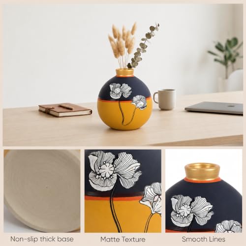 Image of Aakriti Art Creations Sunset Flower Terracotta Matki Vase (5x5x6) | Handmade Floral Art Decorative Vase | Matte Finish Yellow Flower Vase for Living Room Decor, Table Decor, Shelf Decor & Gifting