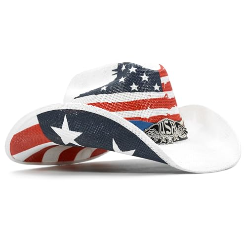 Image of Keilin Straw Cowboy Hat for Women and Men - American Flag Patriotic USA Western Hat 4th July Cowgirl Country Rodeo
