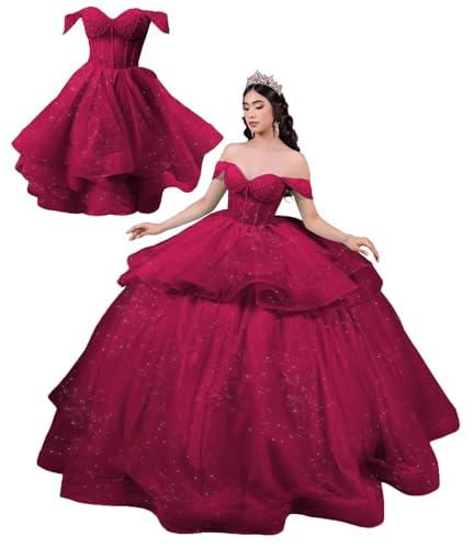 Ftupza Tulle 2 in 1 Quinceanera Dresses Ball Gown Off Shoulder Beaded Sweet 15 16 Dresses Ruffle Layered Prom Gowns