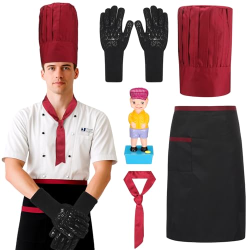 Yahenda 5 Pcs Hibachi Chef Costume Set Hibachi Chef Hat and Apron Japanese Tie BBQ Gloves Teppanyaki Boy Squirter for Halloween Party Decorations BBQ Birthday Party Decor (Red)