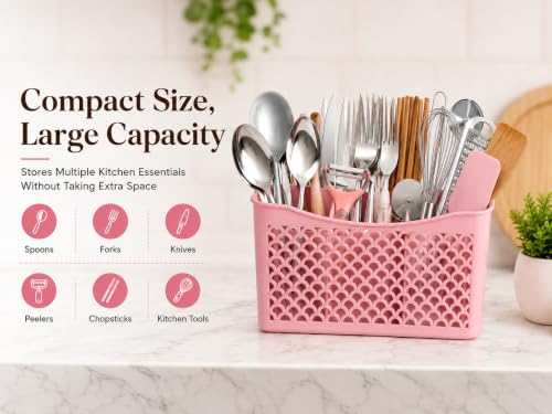 Image of Plastic Cutlery Holder for Kitchen Spoon Stand Multipurpose Kitchen Organizer Stand Utensil Storage Basket Plastic Holder Pack of 1 - Random Color