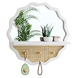 YXDXF Entryway Mirror with Hooks, 20x20 Inch Boho Bathroom Mirror with Shelf, White Round Wood Framed, Handmade Rattan Wall Decor for Bedroom, Living Room, Hallway, Vanity