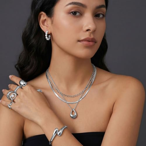 Image of Jewelry Set for Women with Multi Layer Necklaces Bracelets Hoop Earrings Set Stackable Knuckle Rings, 14k Gold Plated Jewerly Set for Everyday Styling and Gifting