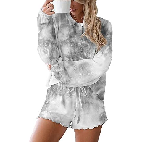 Tie Dye Printed Pajamas Set Casual Ruffle Long Sleeve Tee and Short Pants Pajamas Set Nightwear Sleepwear Loungewear for Women, Teen Girls Cover