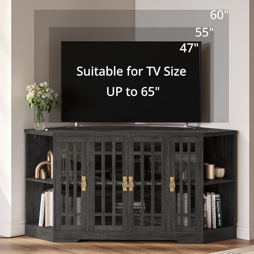 Image of IRONCK Corner TV Stand for TVs up to 60 Inch with Power Outlet, Corner Entertainment Center with Storage Cabinet and Glass Doors, Mid Century Modern TV Stand for Living Room, Bedroom, Charcoal Grey