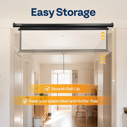 Image of VIVOHOME 72 Inch 16:9 Pull Down Projector Screen, Black | Manual Retractable 4K Projection Screen for Home Theater, Roll Up ALR Movie Screen for Ceiling and Wall Mount