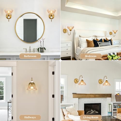 Image of 1 Piece Vintage Wall Sconce, 1-Light Brushed Gold Finish Wall Sconce with Hanging Crystal Accents and Flower-Shaped Amber Shades for Bathroom Bedroom Living Room,Vintage Vanity Light