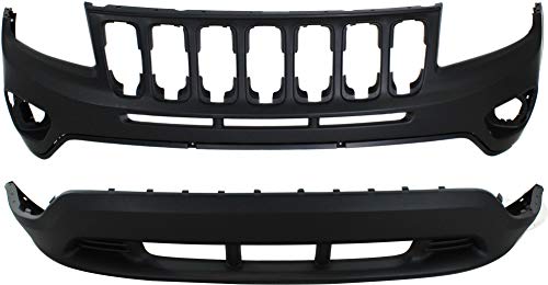Evan Fischer Bumper Cover Set Compatible with Jeep Compass 2011-2017, Front, Upper and Lower, (Upper - Primed, Lower - Textured) - MK Platform, For models without Tow Hooks